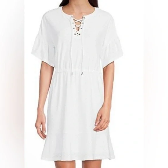 Michael Kors Plus Size 2X Dress Eyelet Lace Up Dress In White $140 - Picture 2 of 6